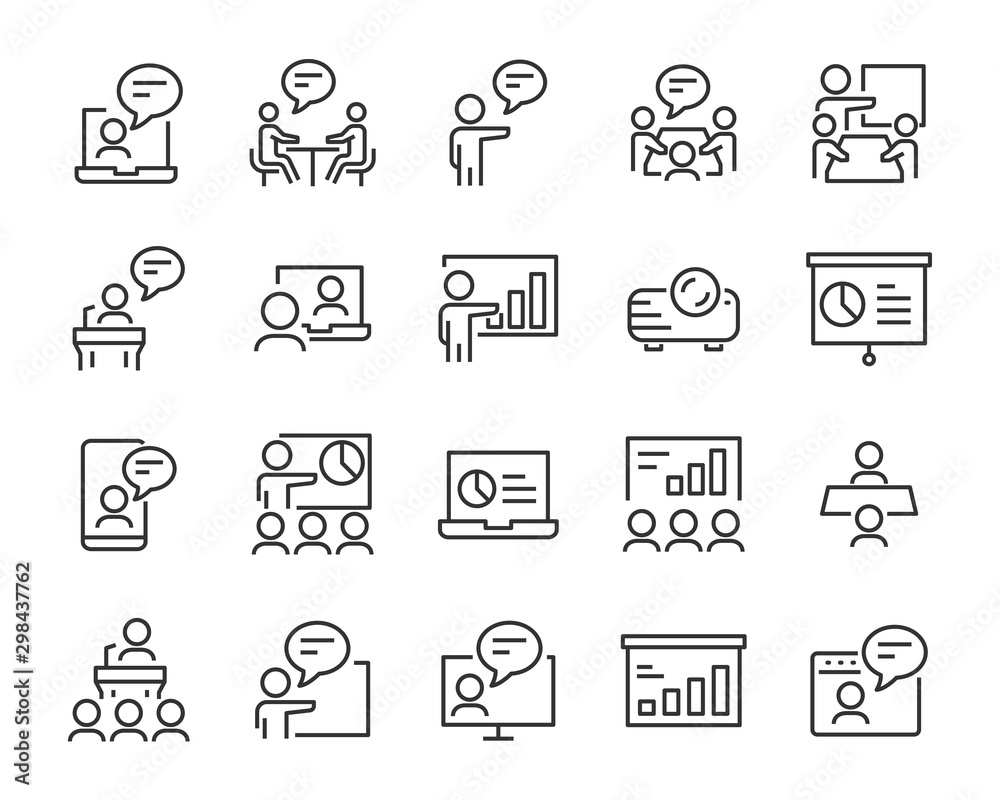 set of presentation icons, meeting, seminar, teamwork, training, presentation set of presentation icons, meeting, seminar, teamwork, training, presentation