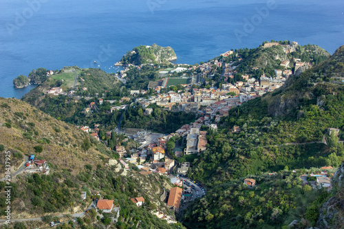 The view from village Castelmola at mountain, view of Mediterranean Sea and the skyline of Taormina.