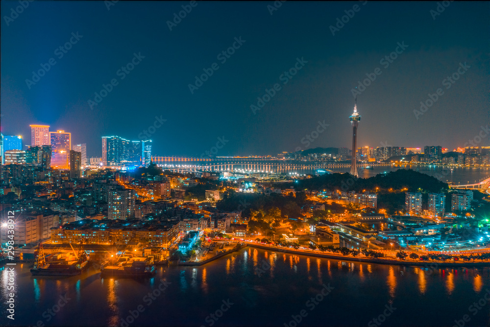 Aerial photography of the night scene in Macao, China