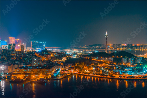 Aerial photography of the night scene in Macao  China