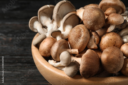 Different fresh wild mushrooms in bowl on wooden table, closeup