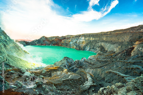 Ijen Volcano on East Java Island of Indonesia Cracked out sulfurous gases Is a very dangerous place But is an ideal tourist destination for adventurers who like excitement Like the wonders of nature