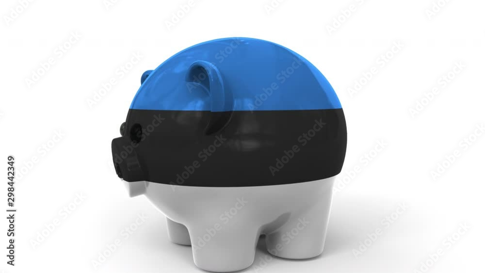 Coins fall into piggy bank painted with flag of Estonia. National banking system or savings related conceptual 3D animation Coins fall into piggy bank painted with flag of Estonia. National banking system or savings related conceptual 3D animation