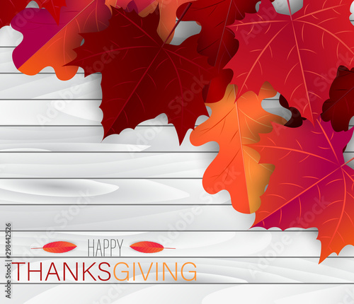 Happy Thanksgiving poster.  Background with red and orange maple fall leaves on wooden board. American traditional november holiday. Banner for sale, advertisement, promotion, invitation.