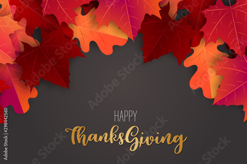 Happy Thanksgiving poster.  Background with red and orange maple fall leaves. American traditional november holiday. Banner for sale, advertisement, promotion, invitation. Golden typography text. 
