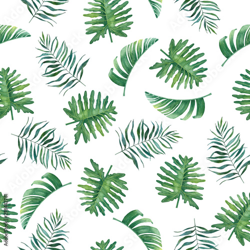 Beautiful watercolor seamless pattern with tropical leaves on white background.
