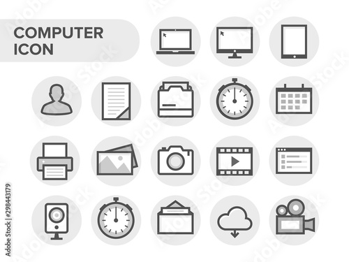 Simple minimalist computer icon set. Computer device technology notification icon. Professional technology sign graphic element in rounded background.