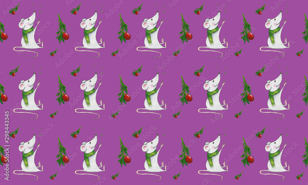 Seamless pattern with Christmas mice on a purple background. Hand drawn illustration with alcohol-based markers.