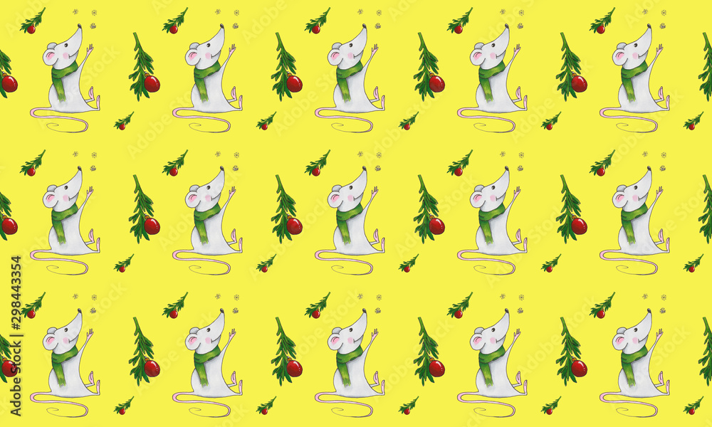 Seamless pattern with Christmas mice on yellow background. Hand drawn illustration with alcohol-based markers. Seamless pattern with Christmas mice on yellow background. Hand drawn illustration with alcohol-based markers.