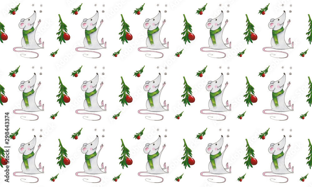Seamless pattern with Christmas mice on white background. Hand drawn illustration with alcohol-based markers.