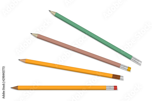 Sharpened wood cased drawing graphite pencil with eraser set isolated on white background, realistic vector illustration