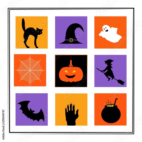 Happy Halloween greating card or banner temlate. Silhouettes icons Vector illustration set. Halloween horror charactersBlack Cat,witch hat, ghost, witch, bad, potion, pumpkin, zombi hand, spider web.