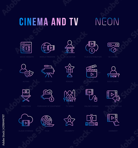 Neon Linear Icons of Cinema and TV