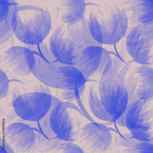Floral natural seamless pattern for printing on fabric, interior design and objects. Beautiful blue buds and leaves.