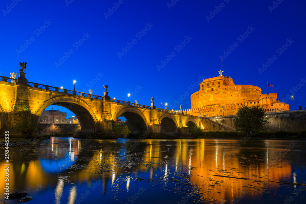 Rome: Castel Saint Angelo at twilight, a landmark commissioned by Roman emperor Hadrian