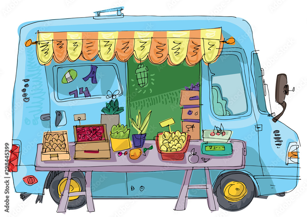 cute white minibus trailer on food market with market stall full of  vegetables and fruits in front of it. Cartoon. Caricature. Stock Vector |  Adobe Stock