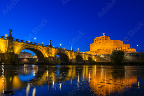 Rome: Castel Saint Angelo at twilight, a landmark commissioned by Roman emperor Hadrian