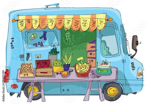 cute white minibus trailer on food market with market stall full of vegetables and fruits in front of it. Cartoon. Caricature.	