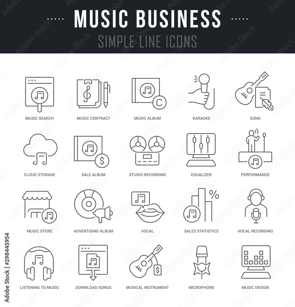 Fototapeta premium Set Vector Line Icons of Music Business