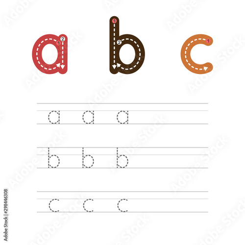 Learning to write a letter - A,B,C. A practical sheet from a set of exercises for the development and education of children. Writing a letter from the English alphabet. Vector illustration.