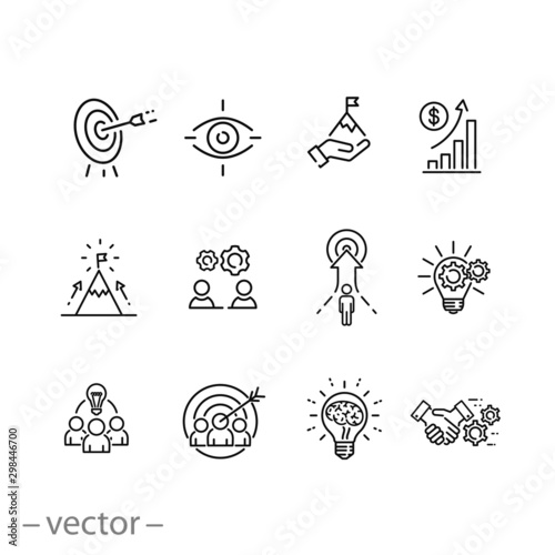 mission vision integrity icons set, value innovation, company value statement, business purpose, thin line web symbols on white background - editable stroke vector illustration eps10