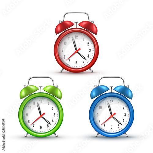 Retro alarm clocks with bells realistic vector illustrations set