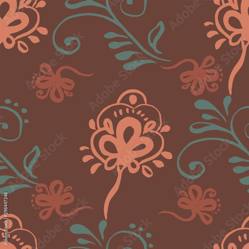 Vector seamless pattern with stylised floral ornament on brown background. Motif floral .Abstract illustration for fashion, textile, fabric, wallpaper design. Vintage. Copper, brown, green colors