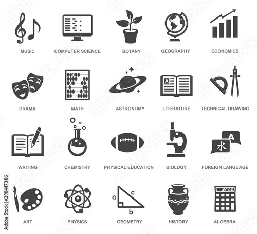 School subjects black glyph icons vector set