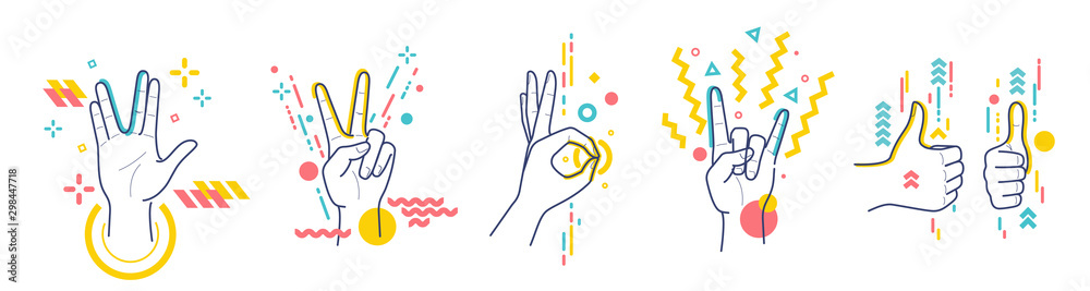 Gestures showing positive emotions: victory, recommendations, rock, greeting, approx. Flat / line style with colorful small geometric particles and dots. Set elements. - obrazy, fototapety, plakaty 