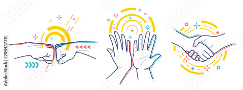 Gestures expressing successful activity. Isolated on white background. Flat / line style with colorful small geometric particles and dots. Set elements.
