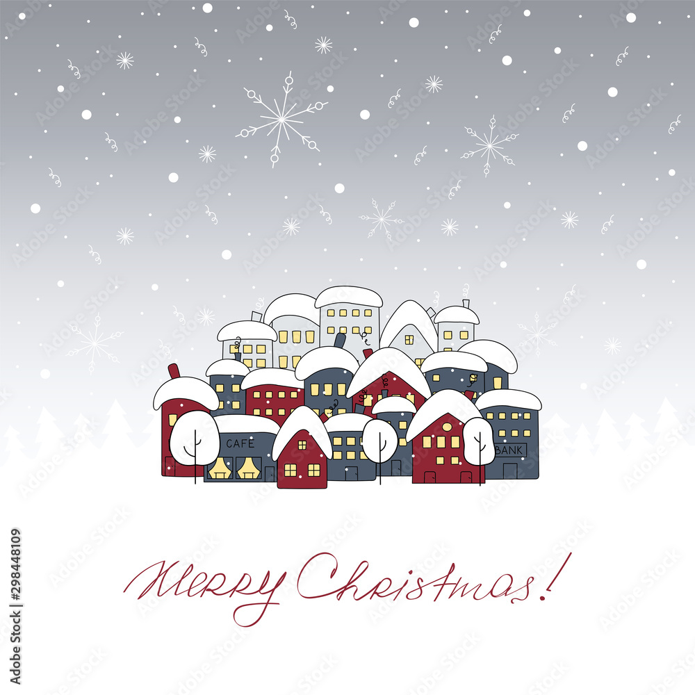 Merry Christmas, city on winter background. Greeting card. Vector illustration.