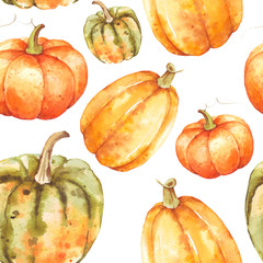 Wandcirkels Aquarel prints patronen Hand drawn watercolor pumpkins fall seamless pattern on isolated white background. Watercolor illustration. Hand drawing. It is perfect for thanksgiving cards or posters, hal  © BloomPix