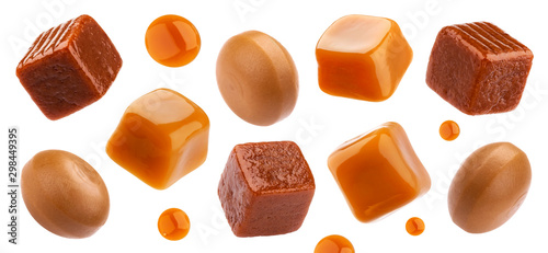 Caramel candies isolated on white background, collection