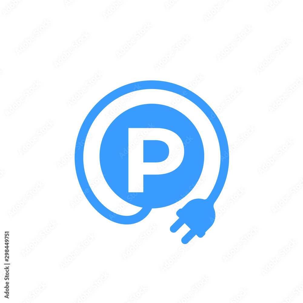 Parking and charging station for electric cars, parking sign with plug, vector icon Parking and charging station for electric cars, parking sign with plug, vector icon