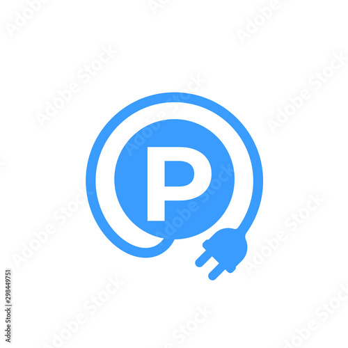 Parking and charging station for electric cars, parking sign with plug, vector icon