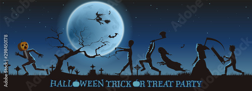 Halloween spooky trick or treat party banner. Evil monsters are chasing mister pumpkin who is running away from witch, death, ghost, zombie, man with saw and  ax in cemetery. Dark Vector illustration.