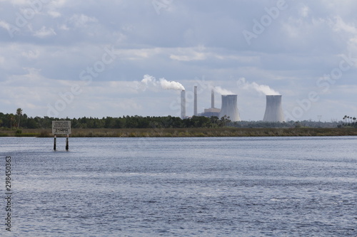 Power plant cooling towers viewed over Florida wetlands