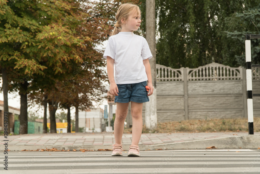 little girl stands on a pedestrian crossing. the child crosses the road on a zebra little girl stands on a pedestrian crossing. the child crosses the road on a zebra