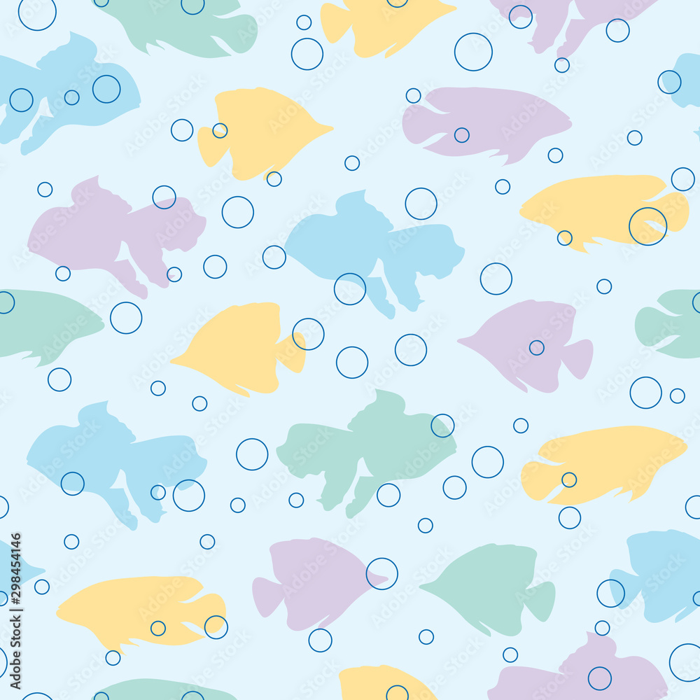 Seamless pattern cute fish silhouettes and bubbles Seamless pattern cute fish silhouettes and bubbles
