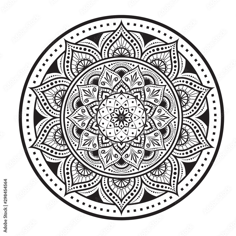 Circular pattern in form of mandala for Henna, Mehndi, tattoo, decoration. Decorative ornament in ethnic oriental style. Coloring book page. Circular pattern in form of mandala for Henna, Mehndi, tattoo, decoration. Decorative ornament in ethnic oriental style. Coloring book page.