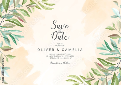 Botanic wedding invitation card template with beautiful watercolor floral decoration. Flowers background illustration for greeting, save the date, rsvp, thank you card vector