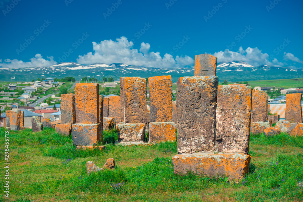 Ancient stone gravestones of khachkars at Noratus cemetery in Armenia