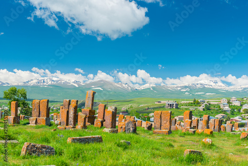 Ancient cemetery Noratus in Armenia with stone gravestones khachkars