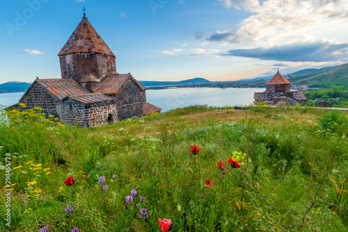 Bild auf Leinwand Ancient Christian monastery of Sevanavank and Lake Sevan at sunset, Armenia