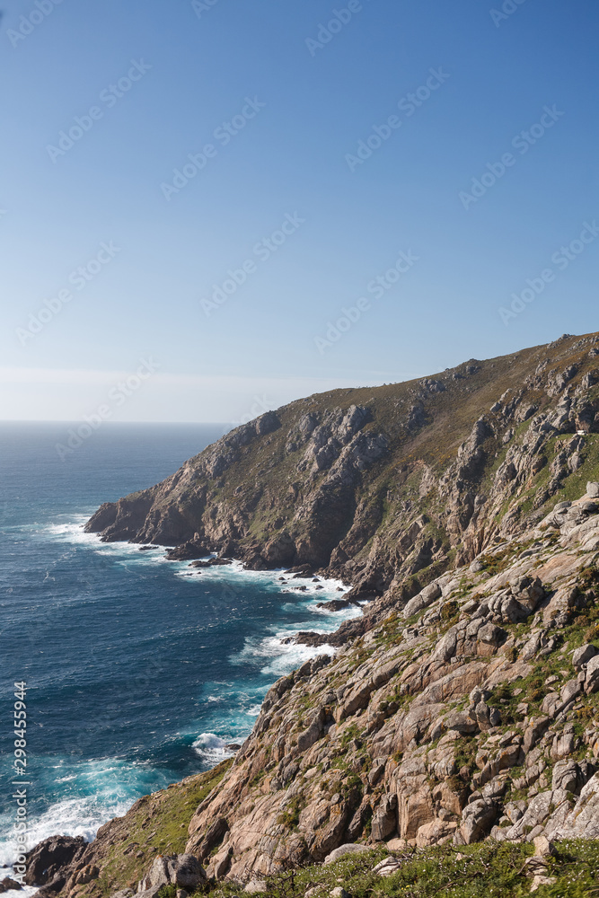 Beautiful landscape scenery of Cape Finisterre. Mountain ocean shore in Spain