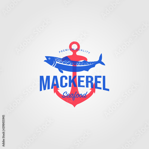 mackerel fish logo vintage seafood with anchor label badge vector illustration
