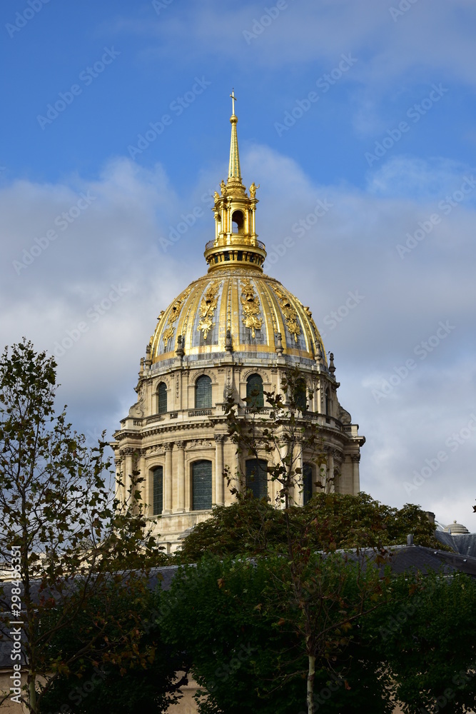 Les Invalides golden dome from nearby street. Paris, France.