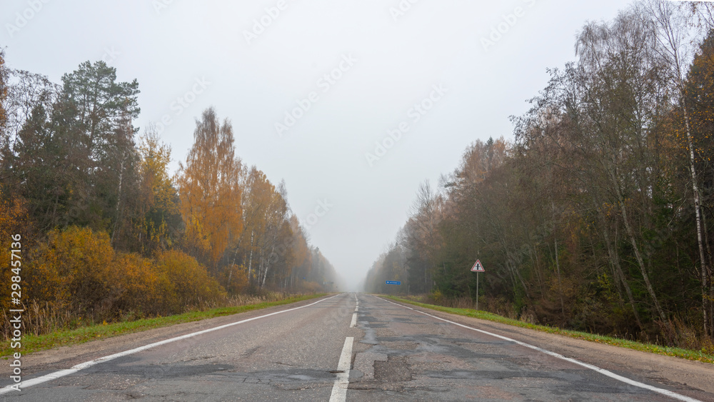 Fototapeta premium Suburban road goes into the distance into the fog