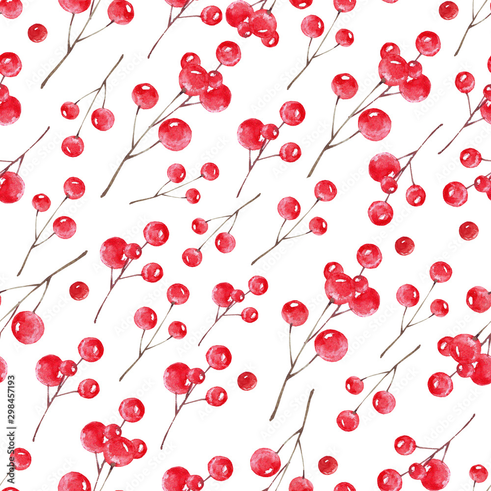 Branch with red berries on a white background. Watercolor seamless pattern. Good for new year and Christmas card, invitation, wrapping paper, fabric, wallpaper. Branch with red berries on a white background. Watercolor seamless pattern. Good for new year and Christmas card, invitation, wrapping paper, fabric, wallpaper.