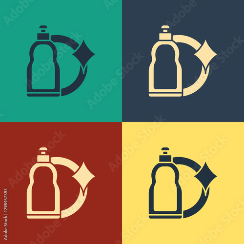 Color Plastic bottle for liquid laundry detergent, bleach, dishwashing liquid or another cleaning agent icon isolated on color background. Vintage style drawing. Vector Illustration